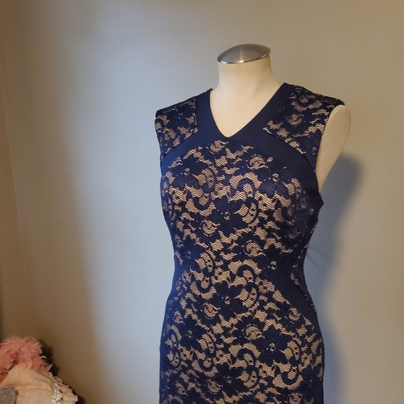 Belle Badgley Mischka Navy Lace Illusions Dress - Picture 3 of 6